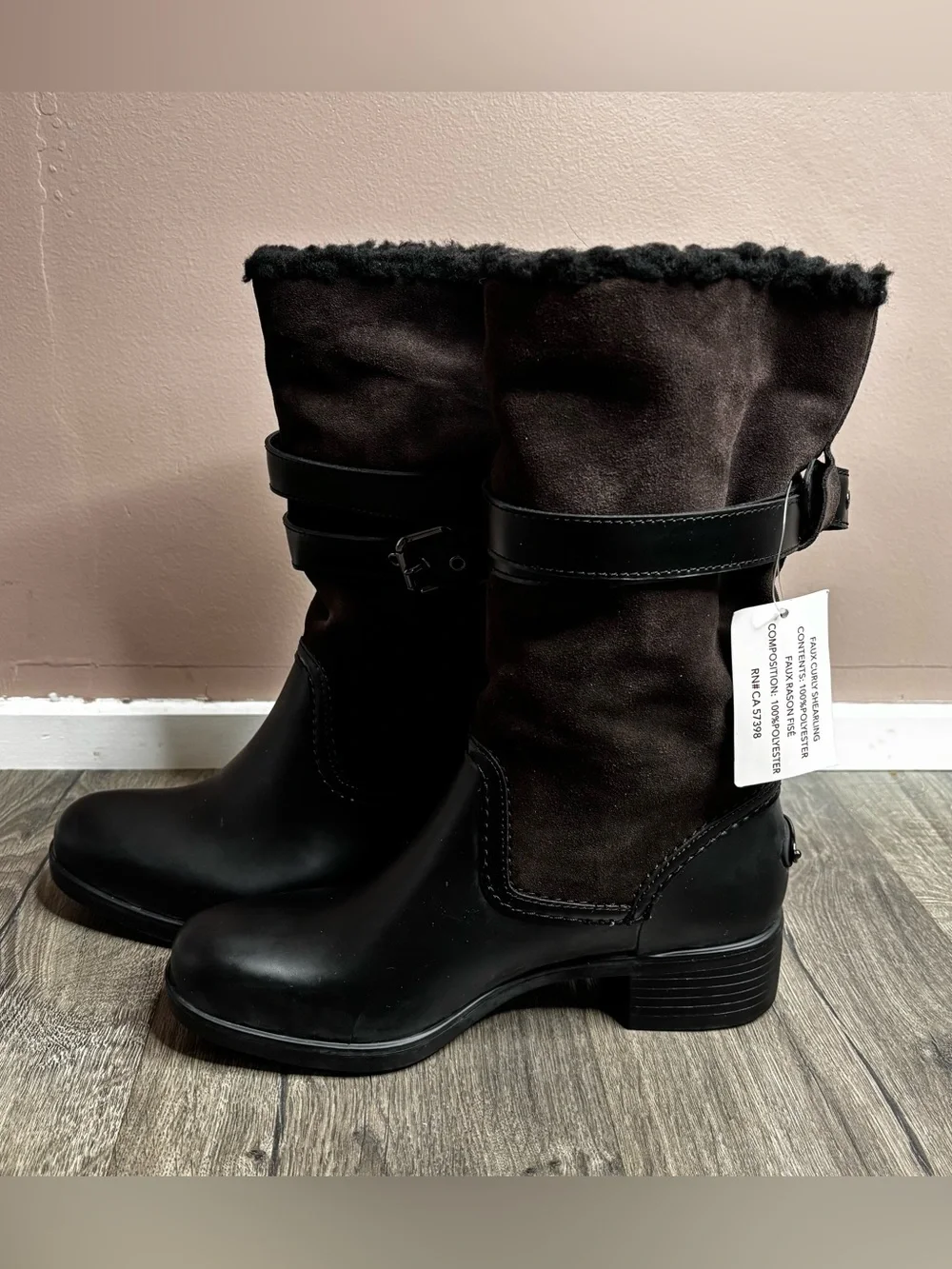 Coach Zena Black and Brown Winter Boots with Faux Fur Cuff Size 9